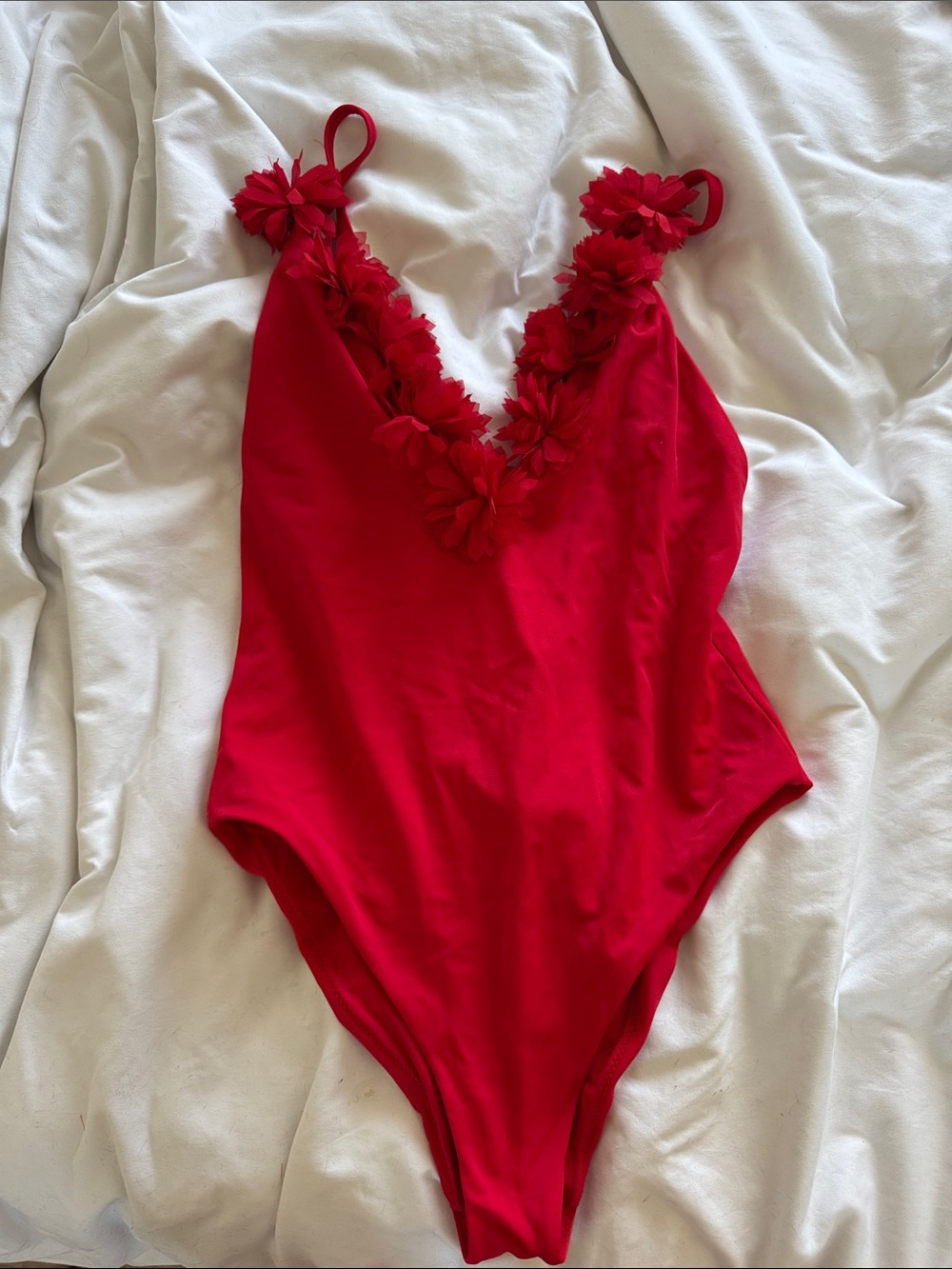 Zara Red Floral-Trim One-Piece Swim Bodysuit